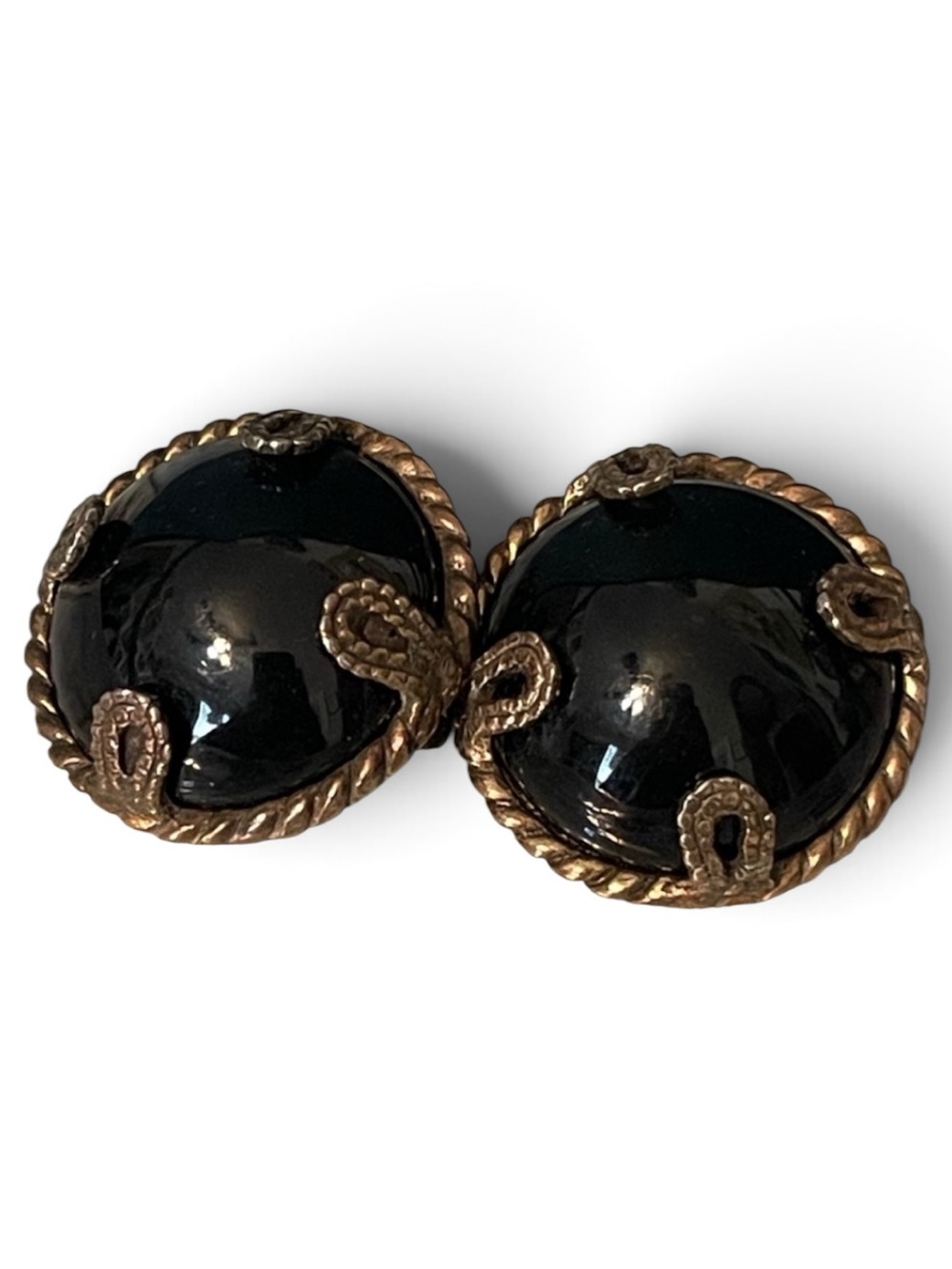 Vintage Les Bernard Black Glass Cabochon Twisted Rope Statement Clip-On Earrings